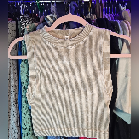 #0519 L/XL NEW ZENANA Lt Caramel Stone Wash Ribbd Brami Semi Crop Fits 38A-40DD - Picture 3 of 12